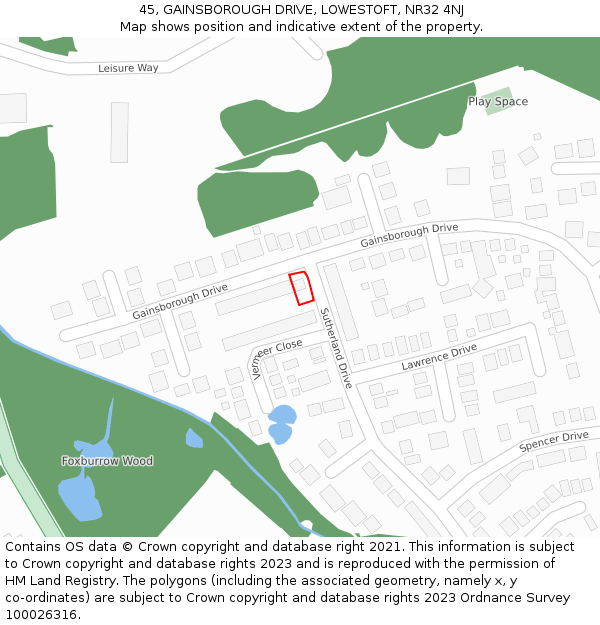 45, GAINSBOROUGH DRIVE, LOWESTOFT, NR32 4NJ: Location map and indicative extent of plot