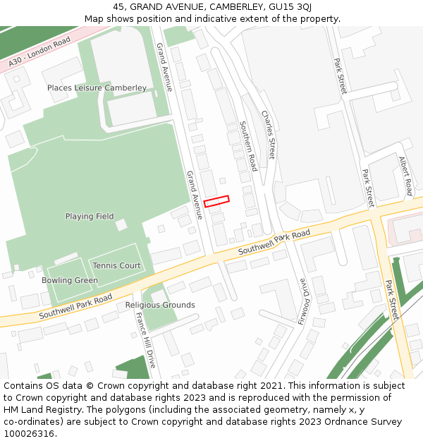 45, GRAND AVENUE, CAMBERLEY, GU15 3QJ: Location map and indicative extent of plot