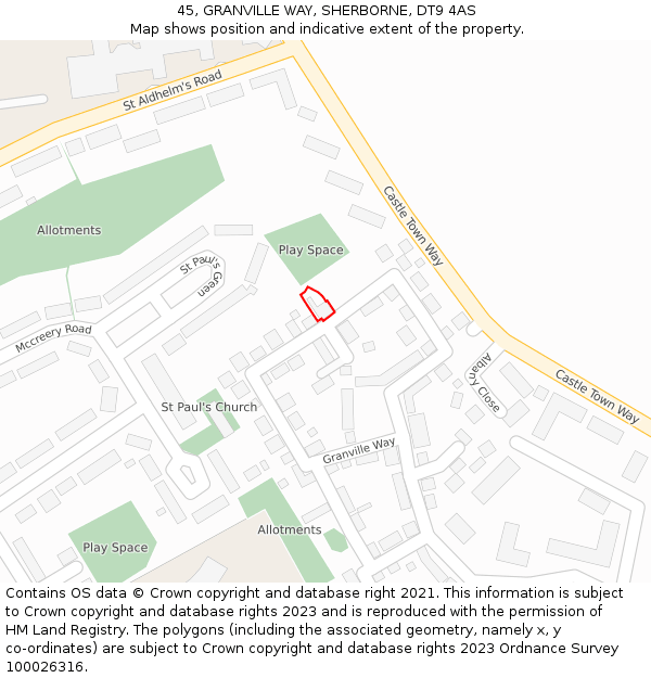 45, GRANVILLE WAY, SHERBORNE, DT9 4AS: Location map and indicative extent of plot