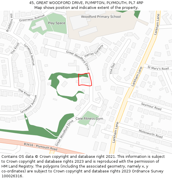 45, GREAT WOODFORD DRIVE, PLYMPTON, PLYMOUTH, PL7 4RP: Location map and indicative extent of plot