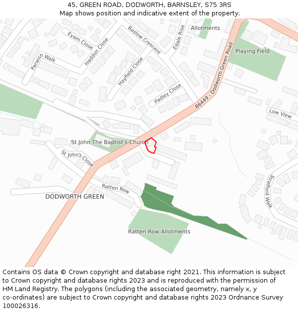 45, GREEN ROAD, DODWORTH, BARNSLEY, S75 3RS: Location map and indicative extent of plot