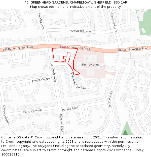45, GREENHEAD GARDENS, CHAPELTOWN, SHEFFIELD, S35 1AR: Location map and indicative extent of plot