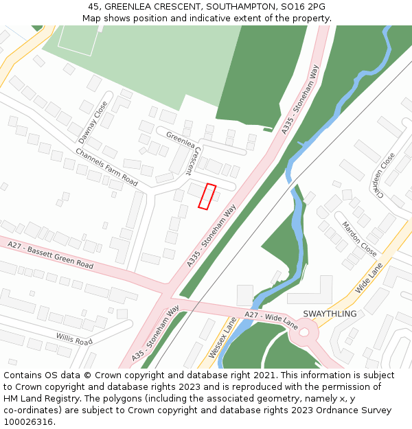 45, GREENLEA CRESCENT, SOUTHAMPTON, SO16 2PG: Location map and indicative extent of plot