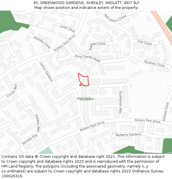 45, GREENWOOD GARDENS, SHENLEY, RADLETT, WD7 9LF: Location map and indicative extent of plot