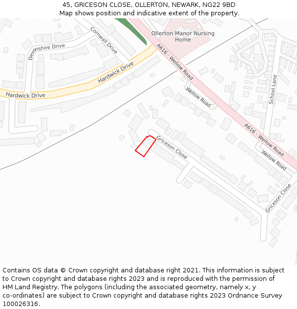 45, GRICESON CLOSE, OLLERTON, NEWARK, NG22 9BD: Location map and indicative extent of plot