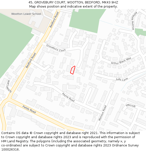 45, GROVEBURY COURT, WOOTTON, BEDFORD, MK43 9HZ: Location map and indicative extent of plot