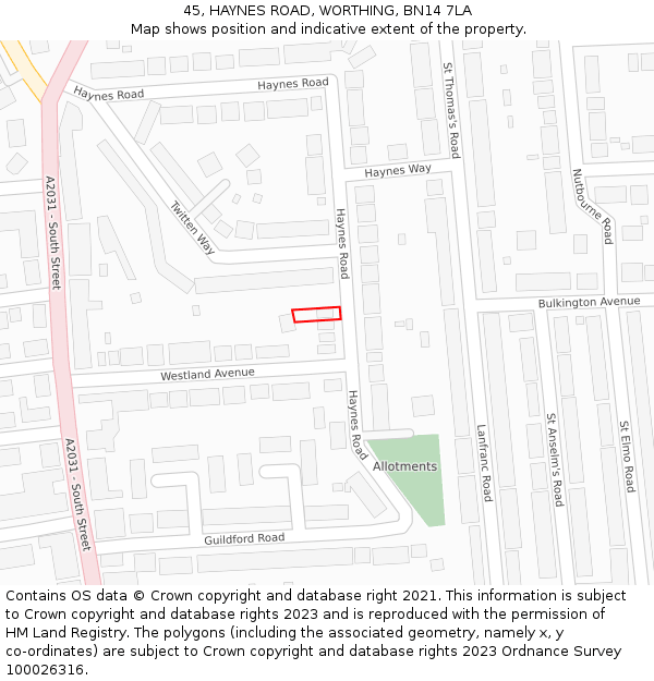 45, HAYNES ROAD, WORTHING, BN14 7LA: Location map and indicative extent of plot