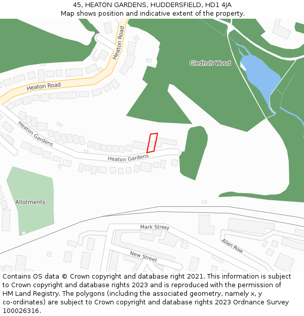 45, HEATON GARDENS, HUDDERSFIELD, HD1 4JA: Location map and indicative extent of plot