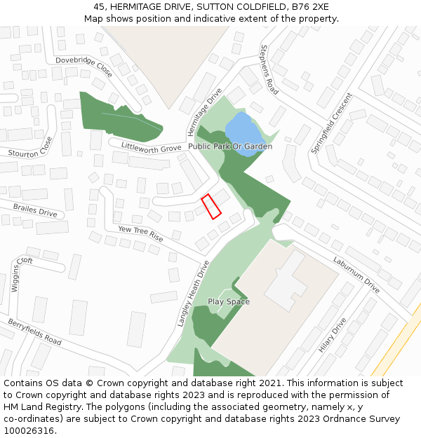45, HERMITAGE DRIVE, SUTTON COLDFIELD, B76 2XE: Location map and indicative extent of plot