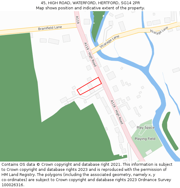 45, HIGH ROAD, WATERFORD, HERTFORD, SG14 2PR: Location map and indicative extent of plot