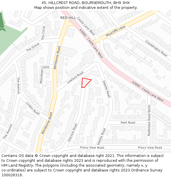 45, HILLCREST ROAD, BOURNEMOUTH, BH9 3HX: Location map and indicative extent of plot