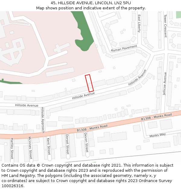 45, HILLSIDE AVENUE, LINCOLN, LN2 5PU: Location map and indicative extent of plot
