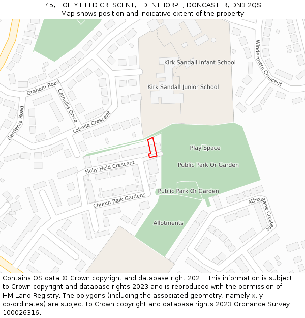 45, HOLLY FIELD CRESCENT, EDENTHORPE, DONCASTER, DN3 2QS: Location map and indicative extent of plot