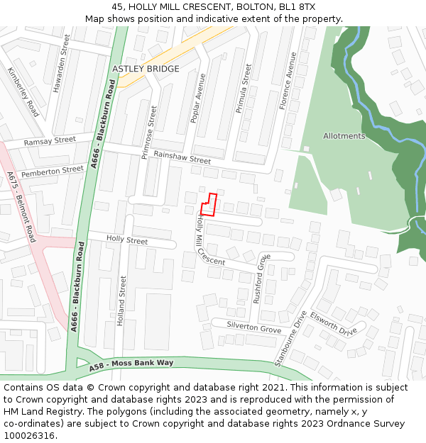 45, HOLLY MILL CRESCENT, BOLTON, BL1 8TX: Location map and indicative extent of plot