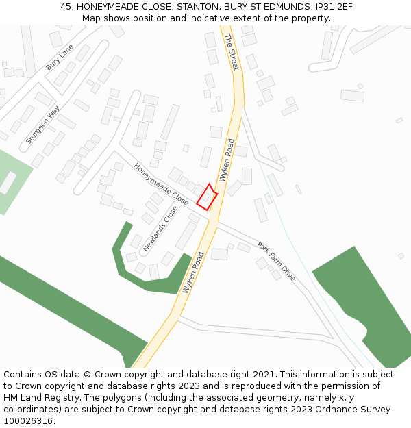 45, HONEYMEADE CLOSE, STANTON, BURY ST EDMUNDS, IP31 2EF: Location map and indicative extent of plot
