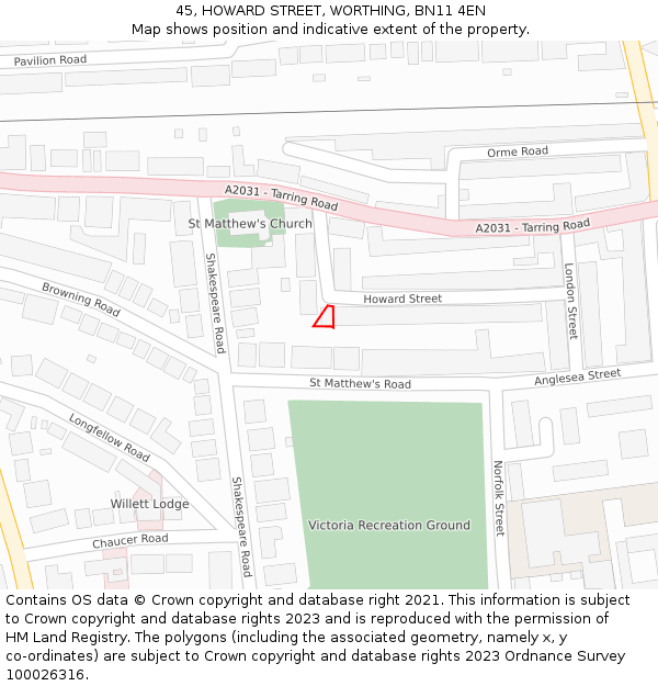 45, HOWARD STREET, WORTHING, BN11 4EN: Location map and indicative extent of plot