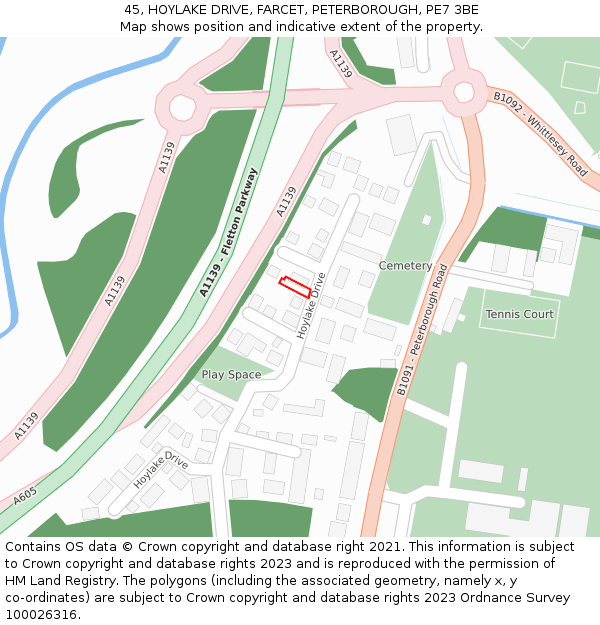 45, HOYLAKE DRIVE, FARCET, PETERBOROUGH, PE7 3BE: Location map and indicative extent of plot