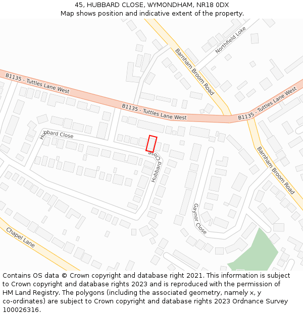 45, HUBBARD CLOSE, WYMONDHAM, NR18 0DX: Location map and indicative extent of plot