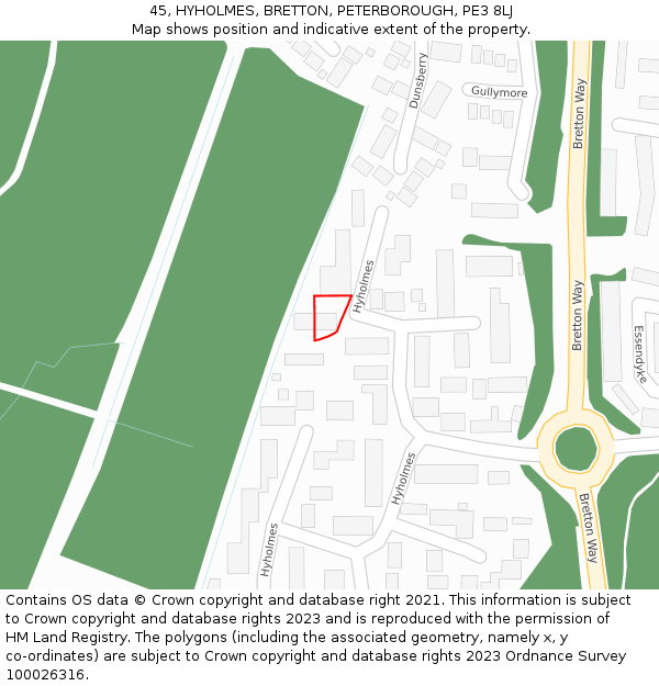 45, HYHOLMES, BRETTON, PETERBOROUGH, PE3 8LJ: Location map and indicative extent of plot