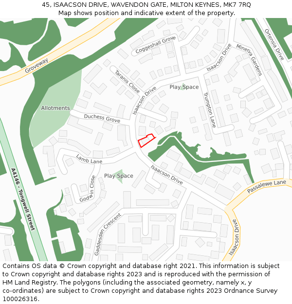 45, ISAACSON DRIVE, WAVENDON GATE, MILTON KEYNES, MK7 7RQ: Location map and indicative extent of plot