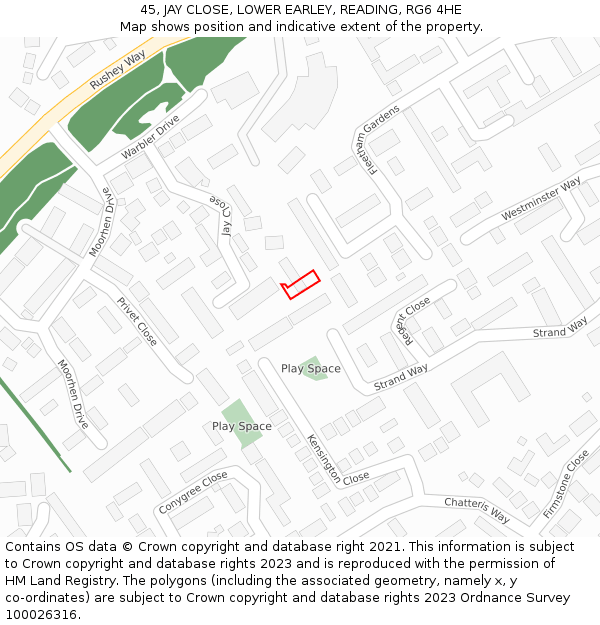 45, JAY CLOSE, LOWER EARLEY, READING, RG6 4HE: Location map and indicative extent of plot