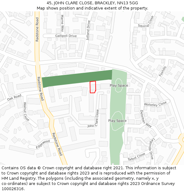 45, JOHN CLARE CLOSE, BRACKLEY, NN13 5GG: Location map and indicative extent of plot
