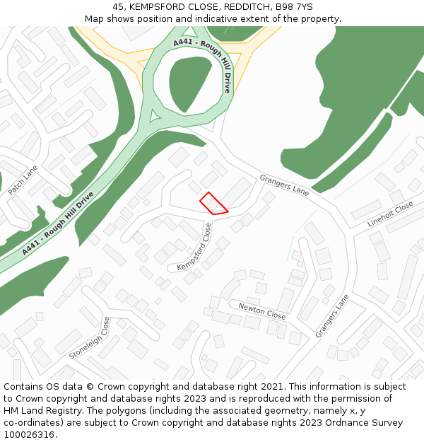 45, KEMPSFORD CLOSE, REDDITCH, B98 7YS: Location map and indicative extent of plot