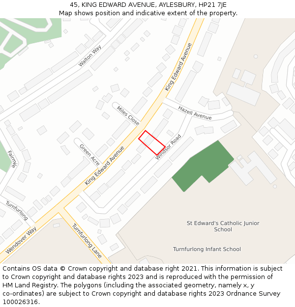 45, KING EDWARD AVENUE, AYLESBURY, HP21 7JE: Location map and indicative extent of plot