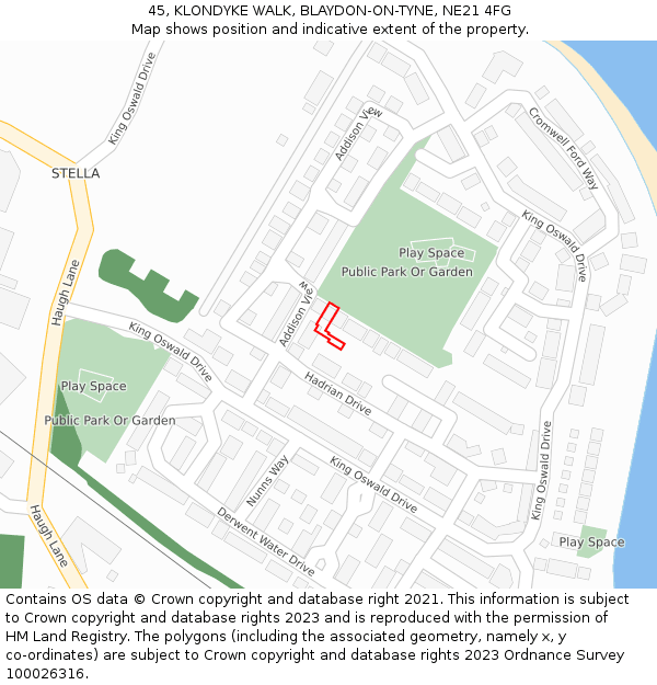45, KLONDYKE WALK, BLAYDON-ON-TYNE, NE21 4FG: Location map and indicative extent of plot