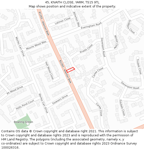 45, KNAITH CLOSE, YARM, TS15 9TL: Location map and indicative extent of plot