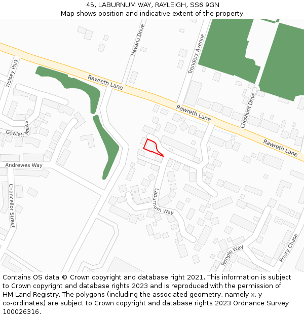 45, LABURNUM WAY, RAYLEIGH, SS6 9GN: Location map and indicative extent of plot