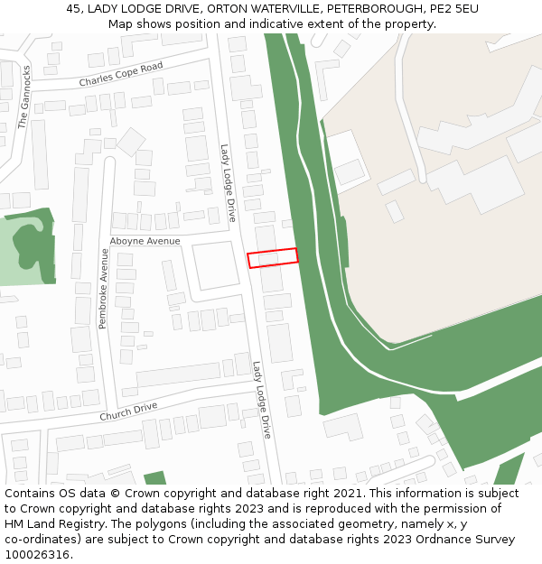 45, LADY LODGE DRIVE, ORTON WATERVILLE, PETERBOROUGH, PE2 5EU: Location map and indicative extent of plot