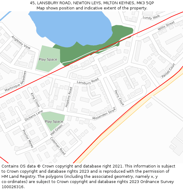 45, LANSBURY ROAD, NEWTON LEYS, MILTON KEYNES, MK3 5QP: Location map and indicative extent of plot