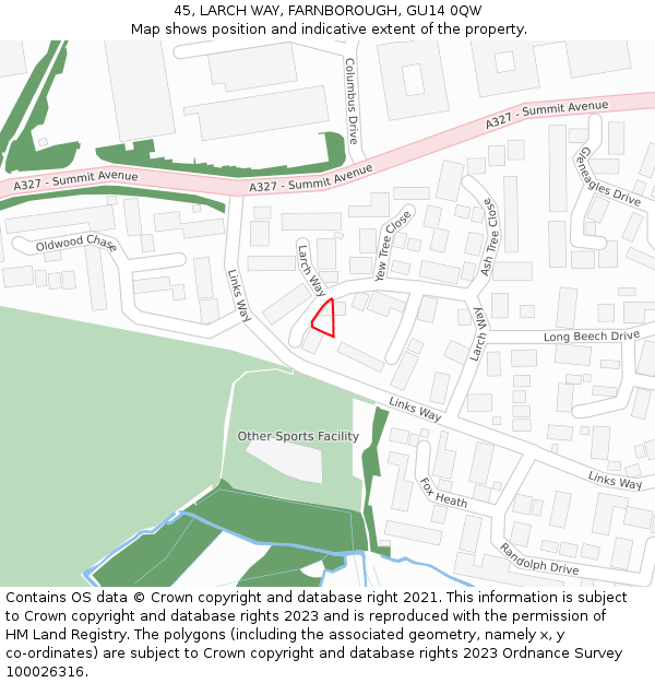 45, LARCH WAY, FARNBOROUGH, GU14 0QW: Location map and indicative extent of plot