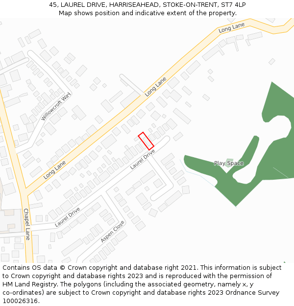 45, LAUREL DRIVE, HARRISEAHEAD, STOKE-ON-TRENT, ST7 4LP: Location map and indicative extent of plot