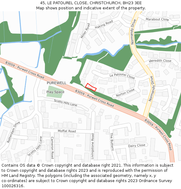 45, LE PATOUREL CLOSE, CHRISTCHURCH, BH23 3EE: Location map and indicative extent of plot