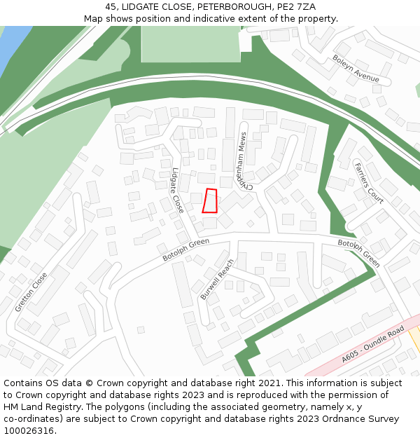 45, LIDGATE CLOSE, PETERBOROUGH, PE2 7ZA: Location map and indicative extent of plot