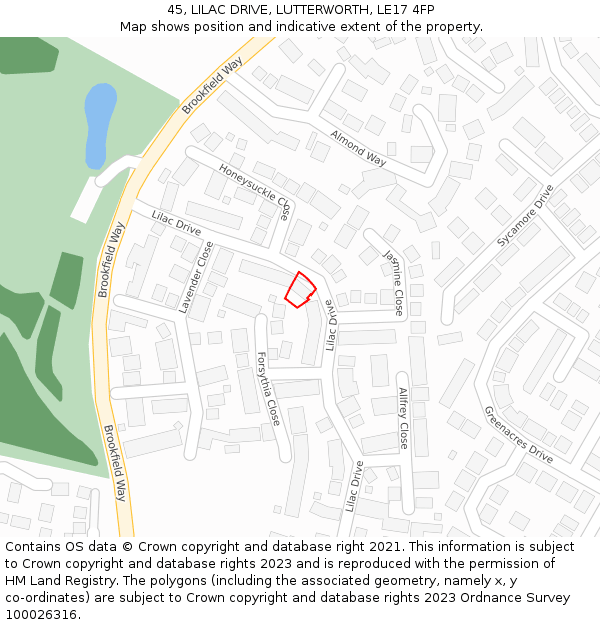 45, LILAC DRIVE, LUTTERWORTH, LE17 4FP: Location map and indicative extent of plot