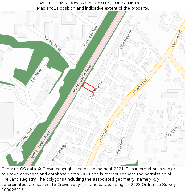 45, LITTLE MEADOW, GREAT OAKLEY, CORBY, NN18 8JP: Location map and indicative extent of plot