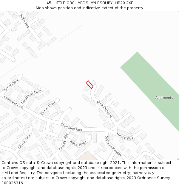 45, LITTLE ORCHARDS, AYLESBURY, HP20 2XE: Location map and indicative extent of plot