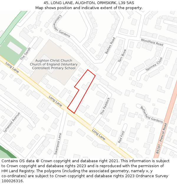 45, LONG LANE, AUGHTON, ORMSKIRK, L39 5AS: Location map and indicative extent of plot