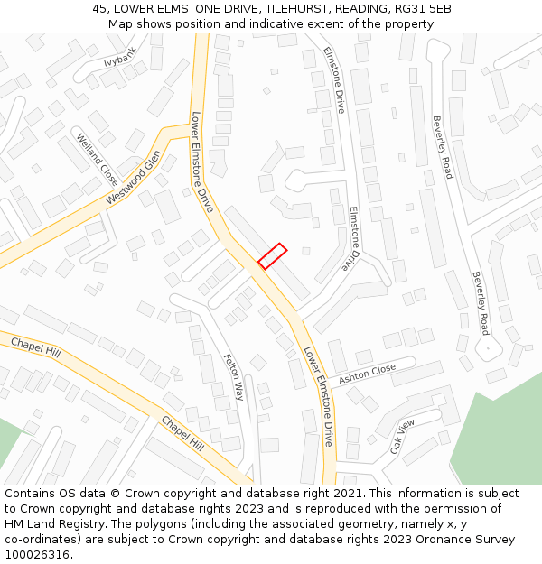 45, LOWER ELMSTONE DRIVE, TILEHURST, READING, RG31 5EB: Location map and indicative extent of plot