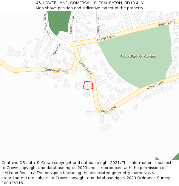 45, LOWER LANE, GOMERSAL, CLECKHEATON, BD19 4HY: Location map and indicative extent of plot