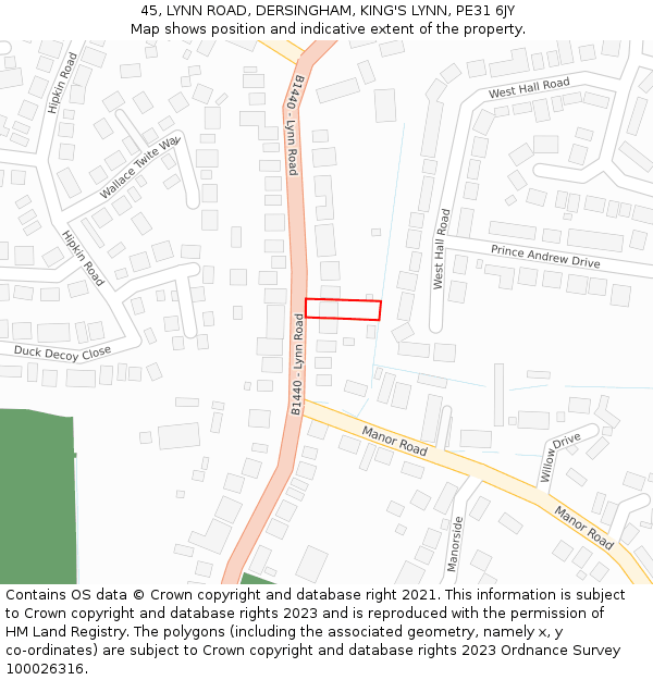 45, LYNN ROAD, DERSINGHAM, KING'S LYNN, PE31 6JY: Location map and indicative extent of plot