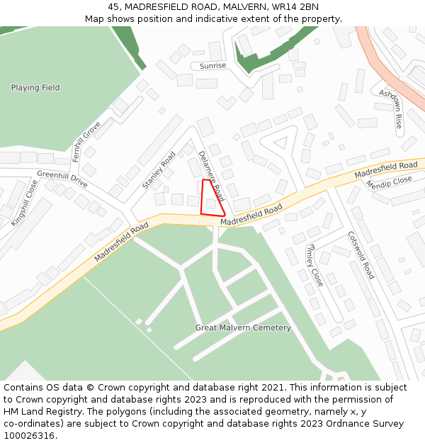 45, MADRESFIELD ROAD, MALVERN, WR14 2BN: Location map and indicative extent of plot