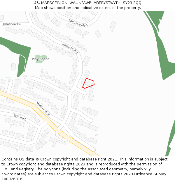 45, MAESCEINION, WAUNFAWR, ABERYSTWYTH, SY23 3QQ: Location map and indicative extent of plot