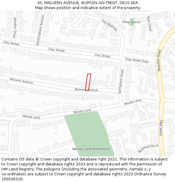 45, MALVERN AVENUE, BURTON-ON-TRENT, DE15 9EA: Location map and indicative extent of plot