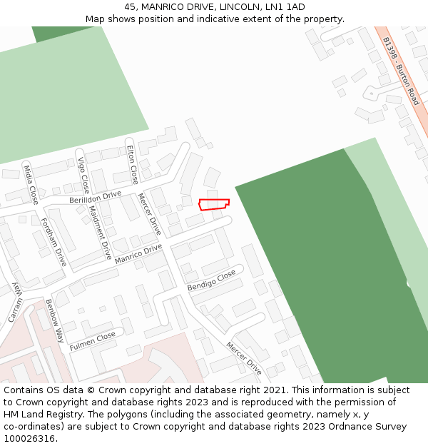 45, MANRICO DRIVE, LINCOLN, LN1 1AD: Location map and indicative extent of plot