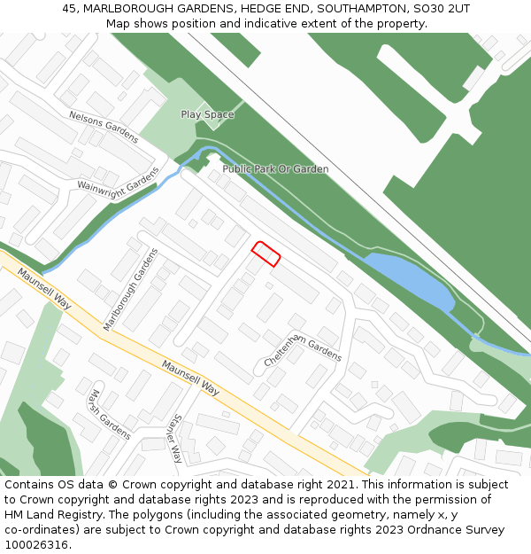 45, MARLBOROUGH GARDENS, HEDGE END, SOUTHAMPTON, SO30 2UT: Location map and indicative extent of plot