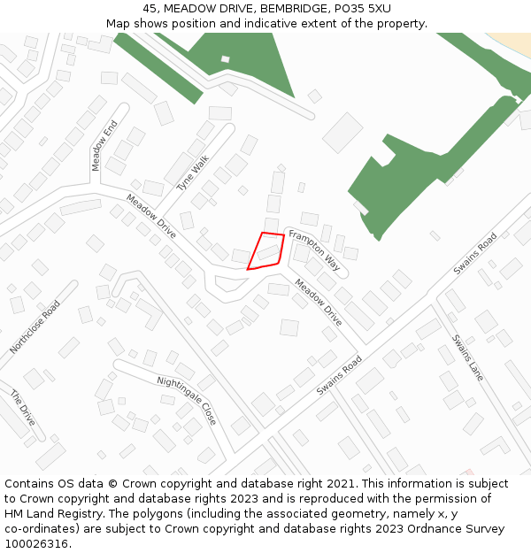 45, MEADOW DRIVE, BEMBRIDGE, PO35 5XU: Location map and indicative extent of plot